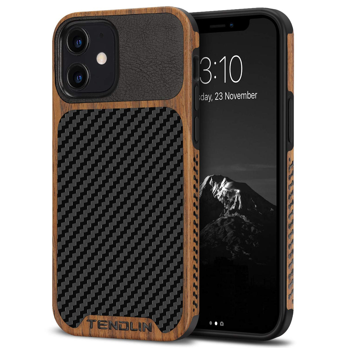 TENDLIN Compatible with iPhone 12 Case/iPhone 12 Pro Case Wood Grain with Carbon Fiber Texture Design Leather Hybrid Case Black