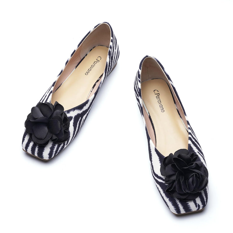 C.Paravano Ballet Flats for Women | Womens Square Toe Flats | Print Flats Shoes | Slip On Dress Shoes | Womens Leather Shoes | Flower Flats (Size 7Zebra)