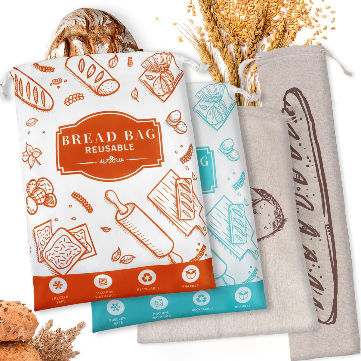 4-Pack Bread Bags for Homemade Bread Reusable Sourdough Bread Storage Bags with TPU Lining for Loafs Baguette Fresh KeepingFreezer Bread Keeper Homesteading Essentials and Baking Gifts.
