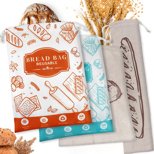 4-Pack Bread Bags for Homemade Bread Reusable Sourdough Bread Storage Bags with TPU Lining for Loafs Baguette Fresh KeepingFreezer Bread Keeper Homesteading Essentials and Baking Gifts.