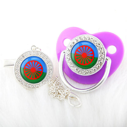 Newborn Pacifier with Silver Chain and Roma Flag Theme