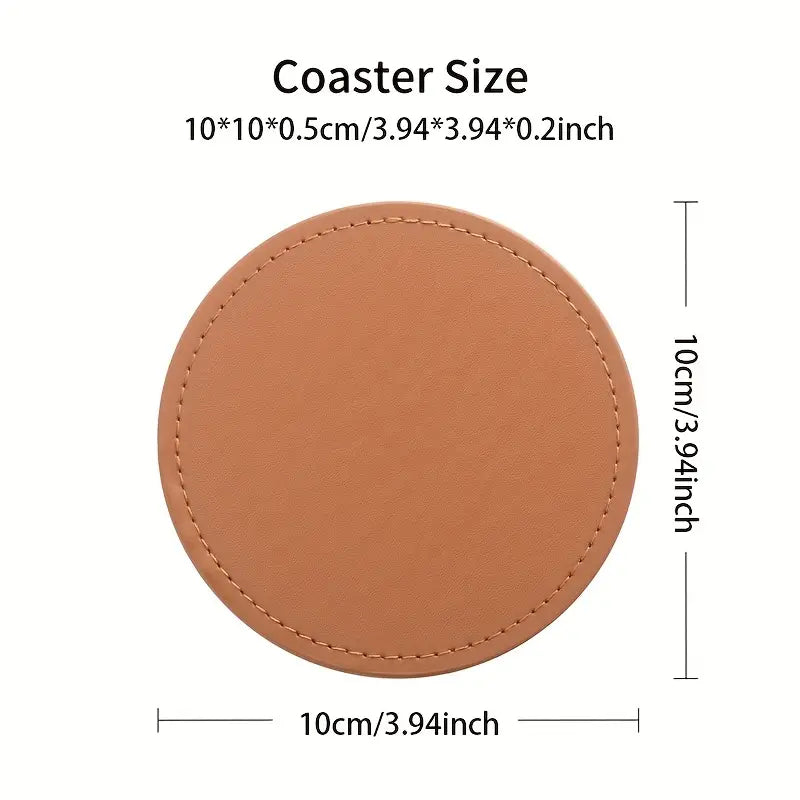 6 Leather Coasters with Metal Holder and Cork Base