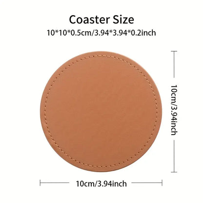 6 Leather Coasters with Metal Holder and Cork Base