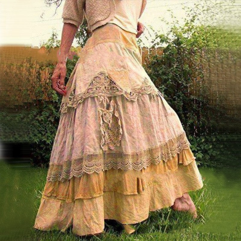 Spring Women's Long Skirt with Lace and Flare Design