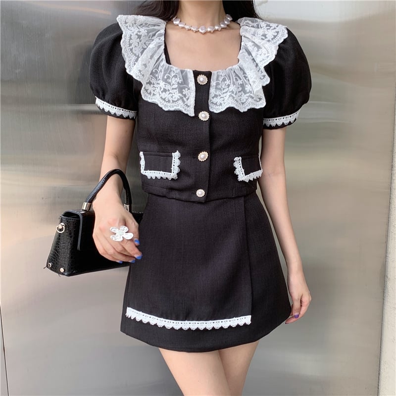 Lace Age Reduction Two-Piece Top and Skirt Set