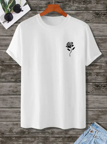 Men's Casual Crew Neck Rose Print T-Shirt (Regular/Oversize)