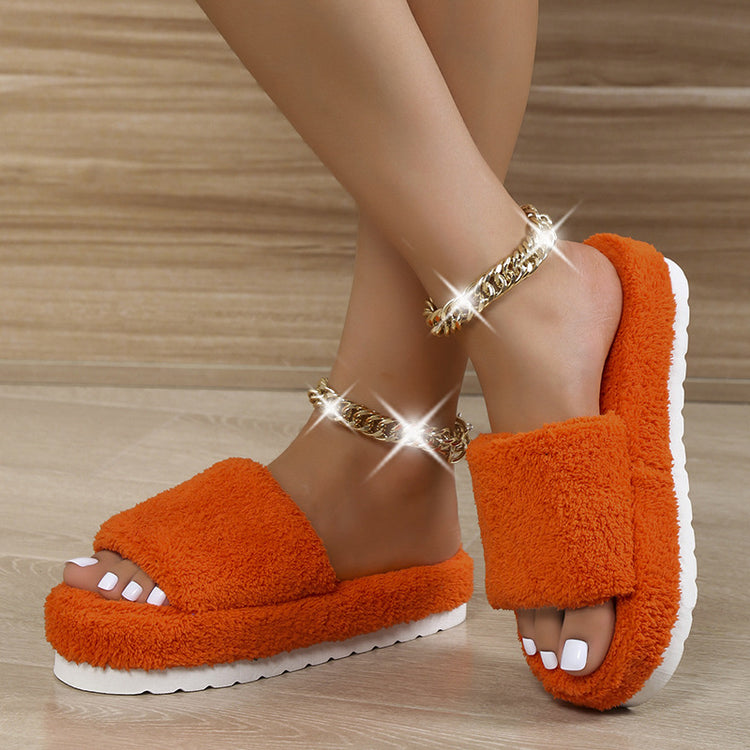 Women's Plush Fur High Heel Cotton Tow Slippers