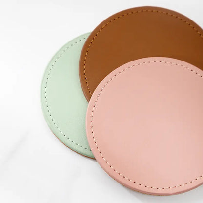 6 Leather Coasters with Metal Holder and Cork Base