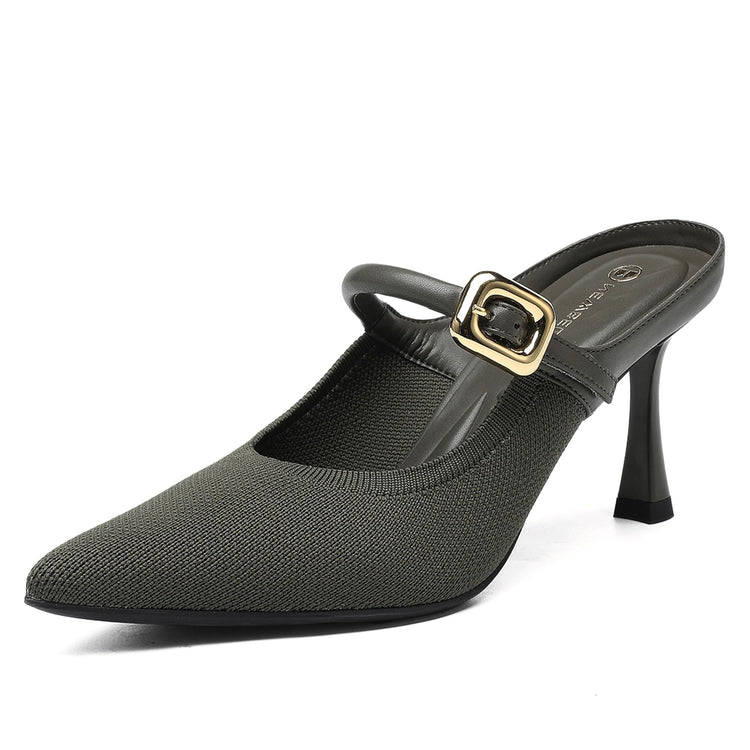 NEWBELLA Mousse FIT Womens Pointed Toe Heel Mules for Women Knit Heeled Sandals Mules Shoes Dark Green