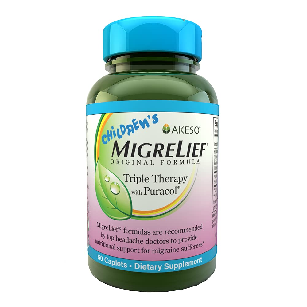 Childrens MigreLief® - Triple Therapy with Puracol™ - Nutritional Support for Pediatric Migraine Sufferers - 60 Caplets/1 Month Supply