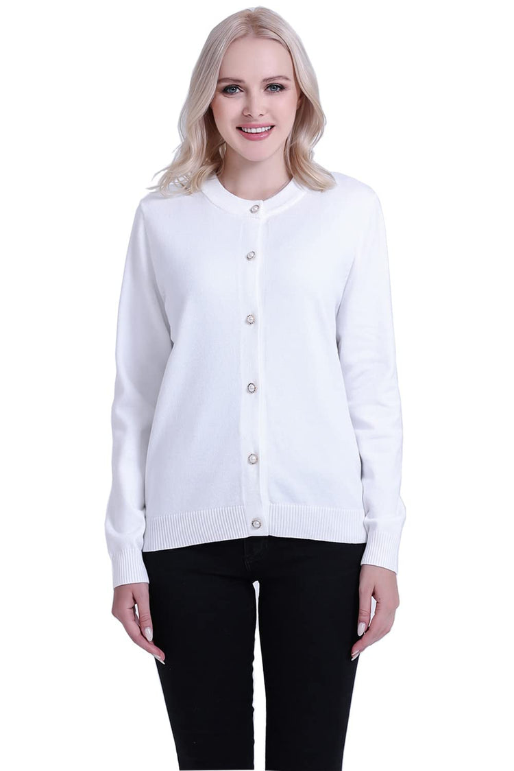 SMILING PINKER Women Cardigan Sweater Crewneck Pearl Button Knitted Tops Medium Weight (Ivory 3X-Large)