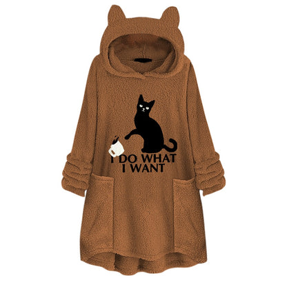 Long Sleeve Cat Print Hoodie with Irregular Hem