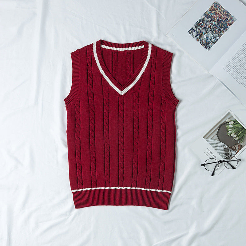 Autumn British Style V-neck Twist Vest Sweater for Women