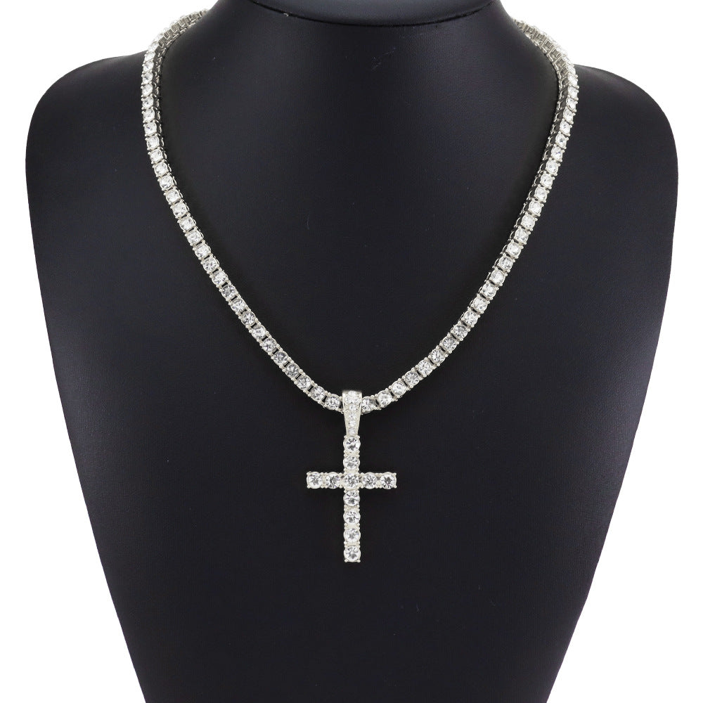 Hip Hop Diamond Cross Pendant with Cuban Link Necklace