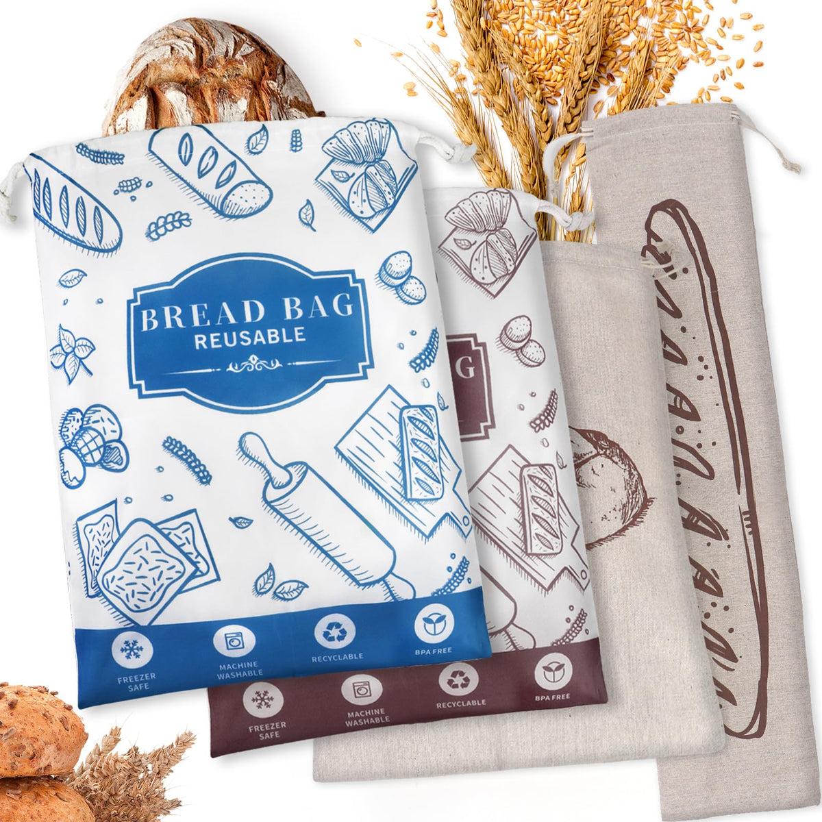4-Pack Bread Bags for Homemade Bread Reusable Sourdough Bread Storage Bags with TPU Lining for Loafs Baguette Fresh KeepingFreezer Bread Keeper Homesteading Essentials and Baking Gifts.