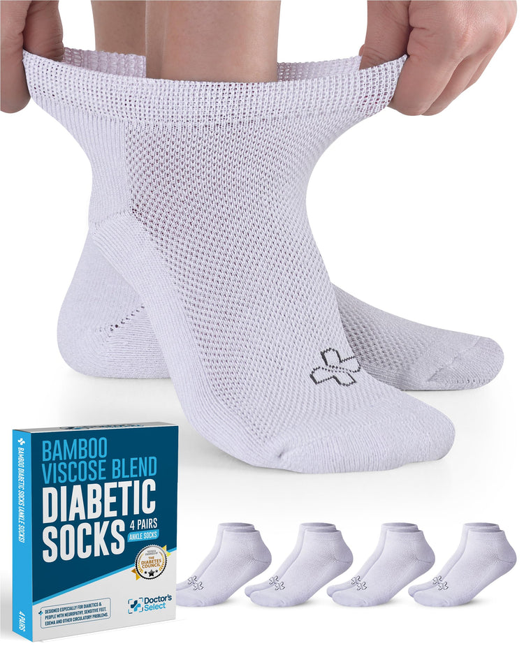Doctors Select Ankle Bamboo Viscose Diabetic Socks for Women & Men - 4 Pairs | White Neuropathy Socks for Women | Socks Woman | Moisture Wicking Diabetic Socks Women 9-12