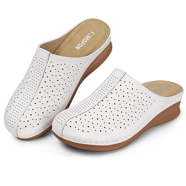 TEMOFON Clogs for Women Mules Slip on: Comfortable Wedge Clogs Dressy Summer Fall Mules Closed Toe Platform Sandals Shoes White Size 10.5