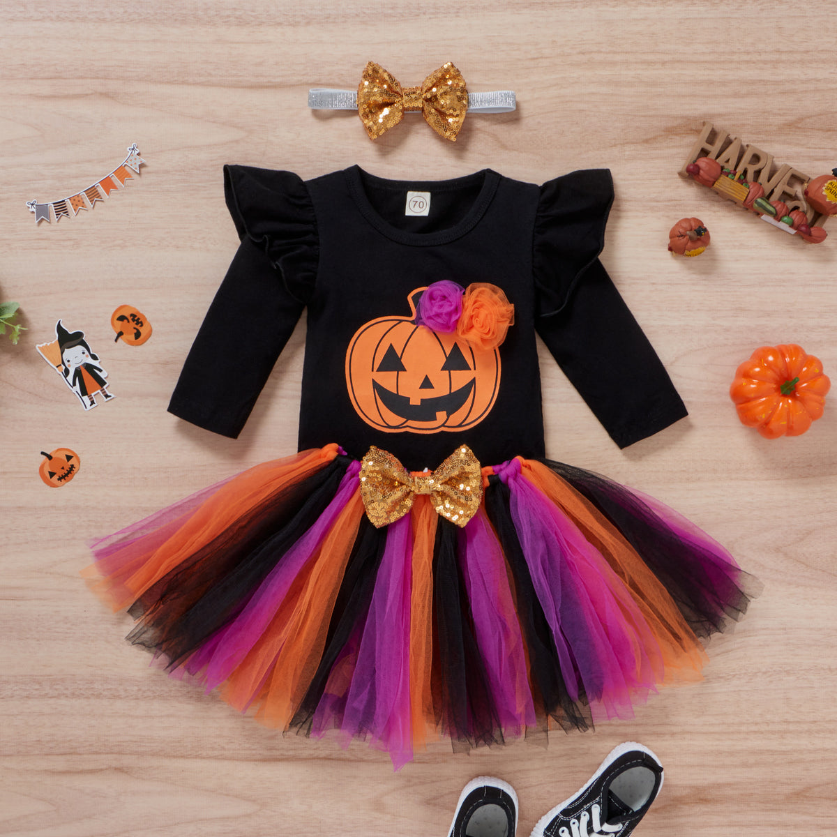 Girls' Halloween Black Romper with Pumpkin Mesh Skirt Set