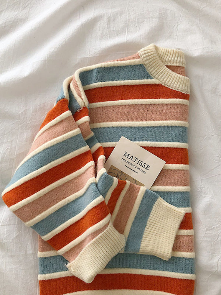 Korean Knit Striped Loose Women's Splice Sweater