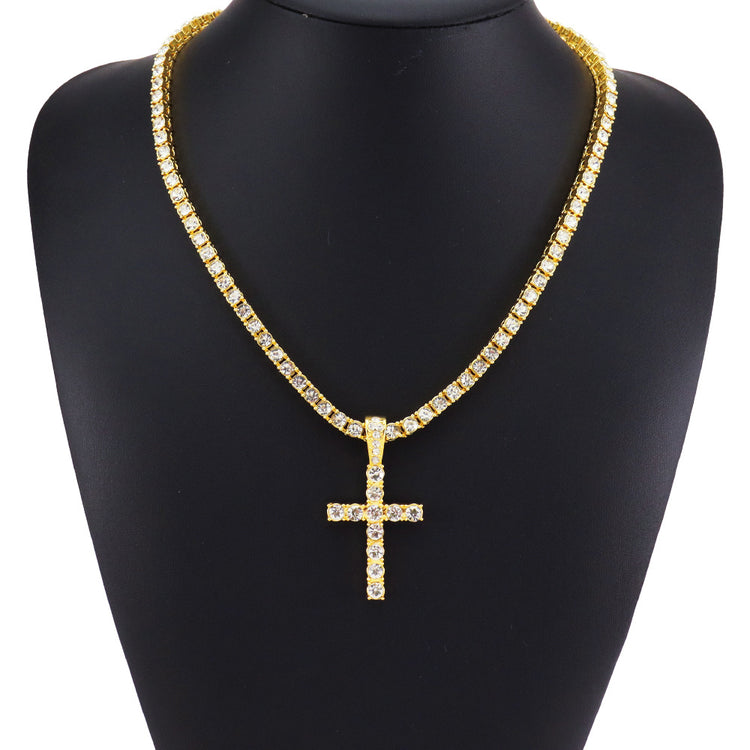 Hip Hop Diamond Cross Pendant with Cuban Link Necklace