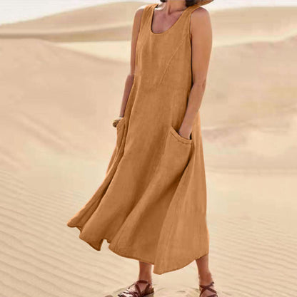 Sleeveless Long U-neck Pocket Dress in Cotton Linen