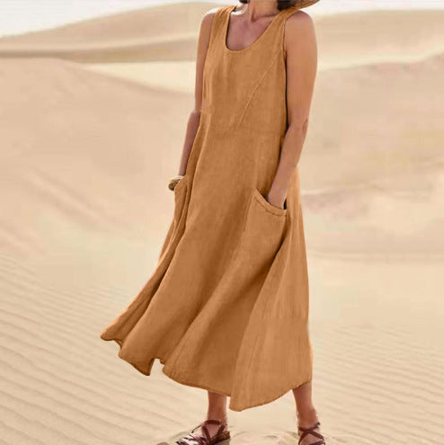 Sleeveless Long U-neck Pocket Dress in Cotton Linen