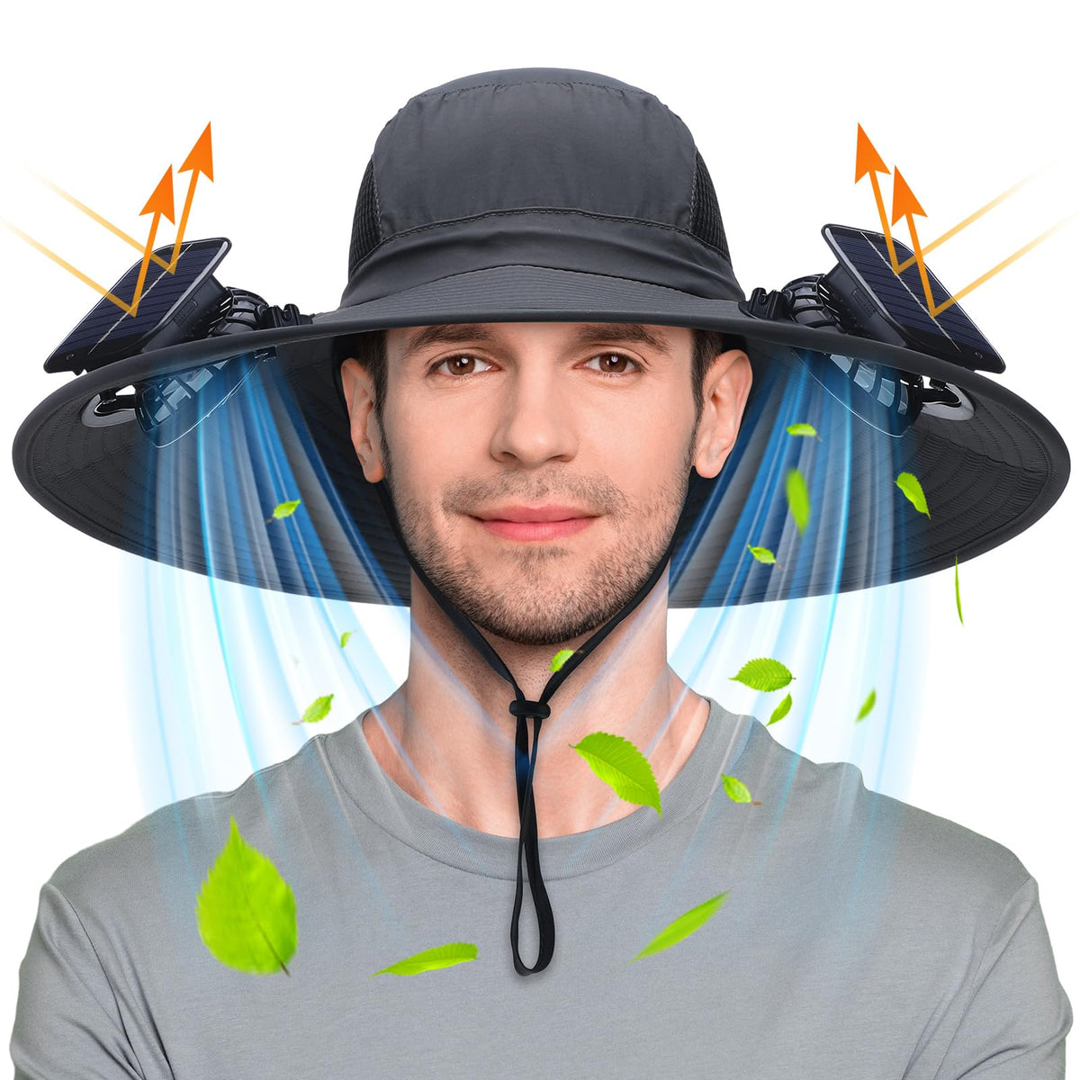 Berlune Men Sun Hat with 2 Solar Fan Fishing Hats Wide Brim Sun Hat for Outdoor Summer Camping Beach USB & Solar Powered (Dark GraySimple)