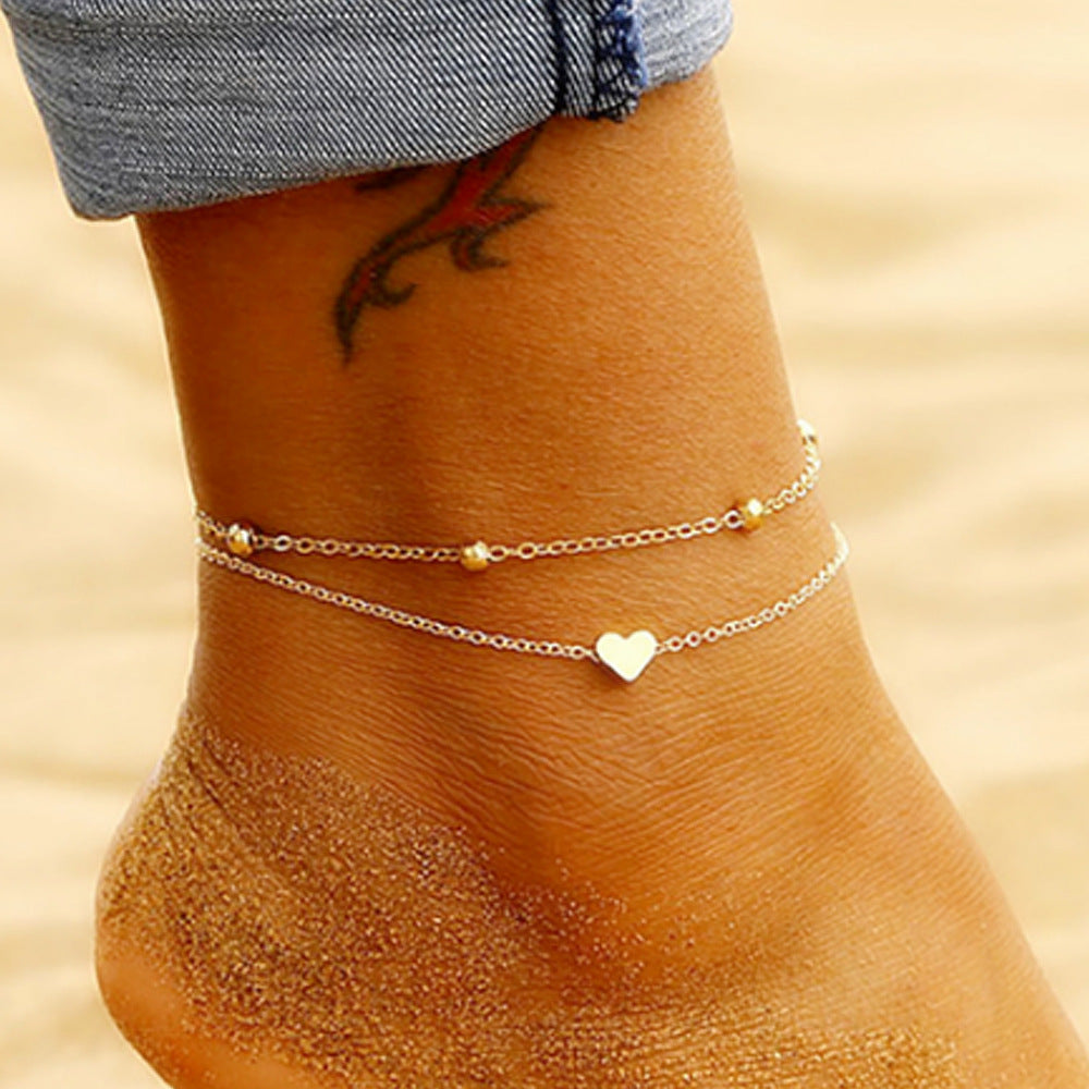 Double Layer Heart Anklet for Beach Vacation Style