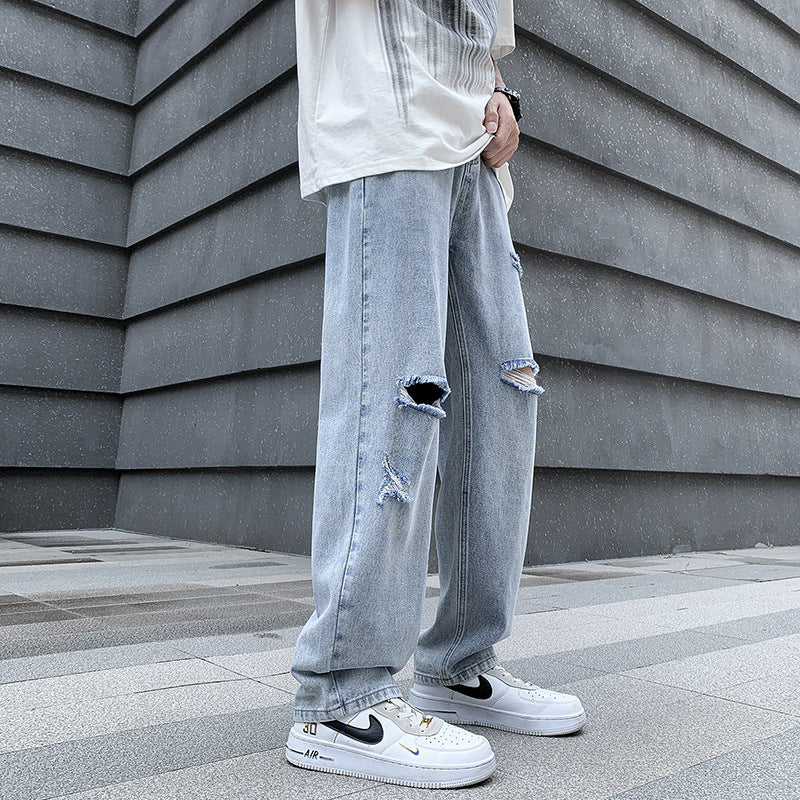 Men's Casual Loose Fit Denim Blue Wide Leg Pants