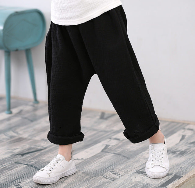 Summer Solid Color Linen Pleated Harem Pants for Kids