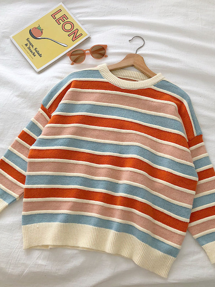 Korean Knit Striped Loose Women's Splice Sweater