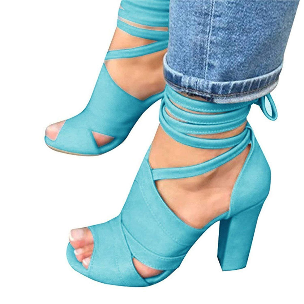 Suede Peep-Toe Sandals with High Chunky Heels