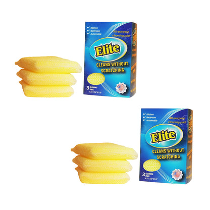Elite All Purpose Cleaning Pad 6 Pads (2x3pack) Non Scratch Dish Sponge Scrubber Sponges for Kitchen and Household Use Made in USA