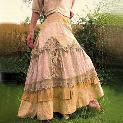 Spring Women's Long Skirt with Lace and Flare Design